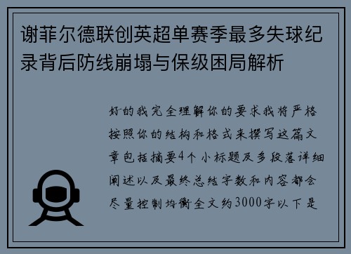 谢菲尔德联创英超单赛季最多失球纪录背后防线崩塌与保级困局解析