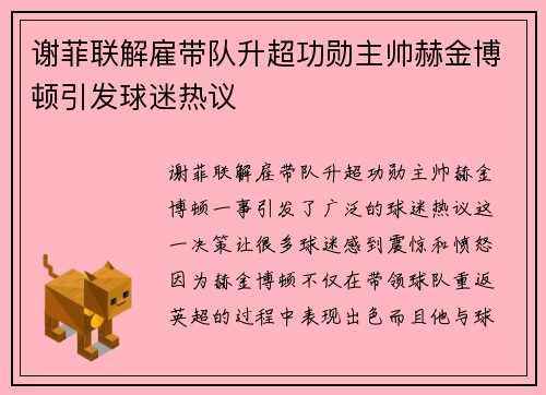 谢菲联解雇带队升超功勋主帅赫金博顿引发球迷热议
